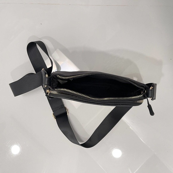 Convertible Crossbody Shoulder Black Nylon Fabric Small Zip Bag Gold Adjustable - Picture 8 of 16